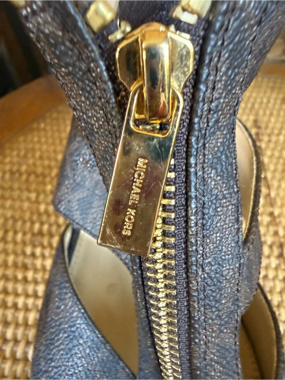 Michael Kors Dark Brown Signature Canvas Espadrille Wedge Sandals with Gold Zip